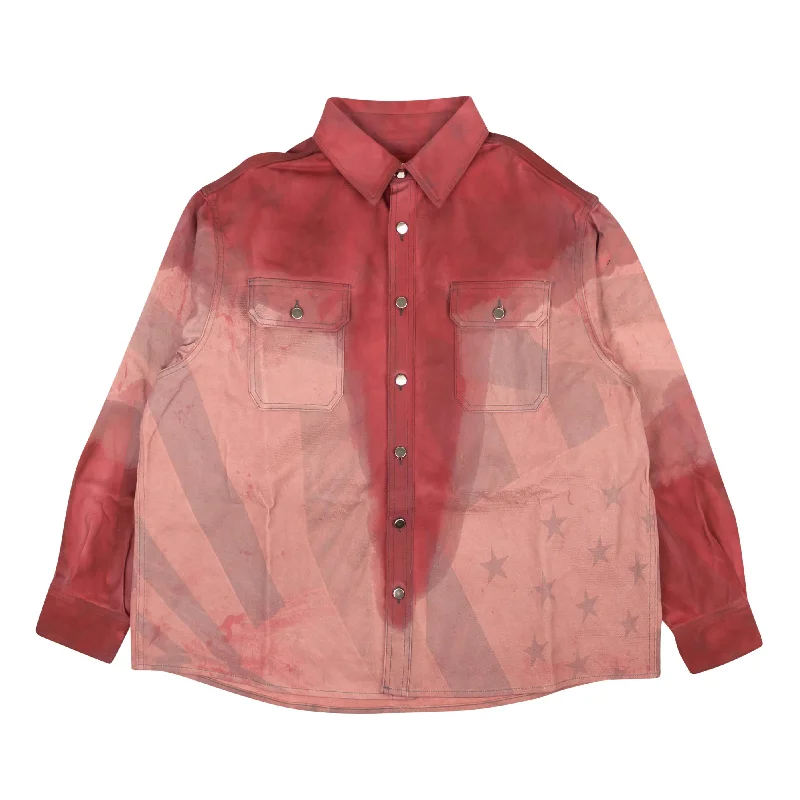 men's performance shirts -424 On Fairfax All Over Print Flag Denim Shirt - Red/Gray