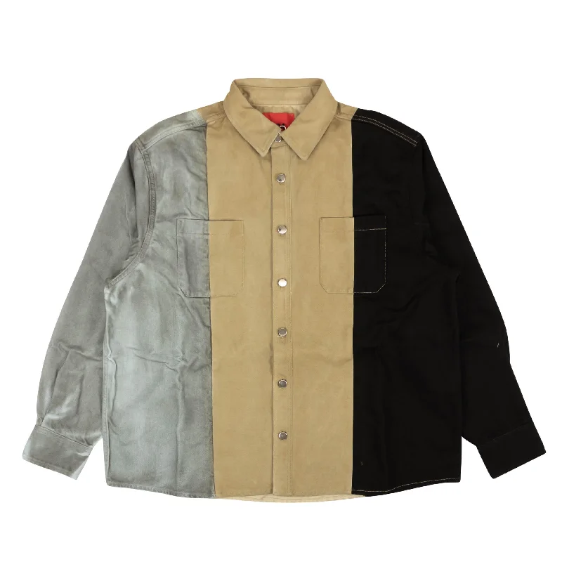 men's holiday-themed shirts -424 On Fairfax Oversized Colorblock Denim Shirt - Gray/Black/Brown