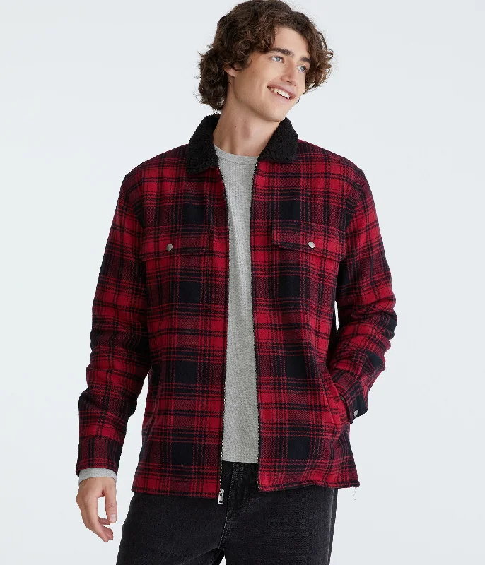 men's comfy casual shirts -Aeropostale Plaid Sherpa-Lined Full-Zip Flannel Shacket