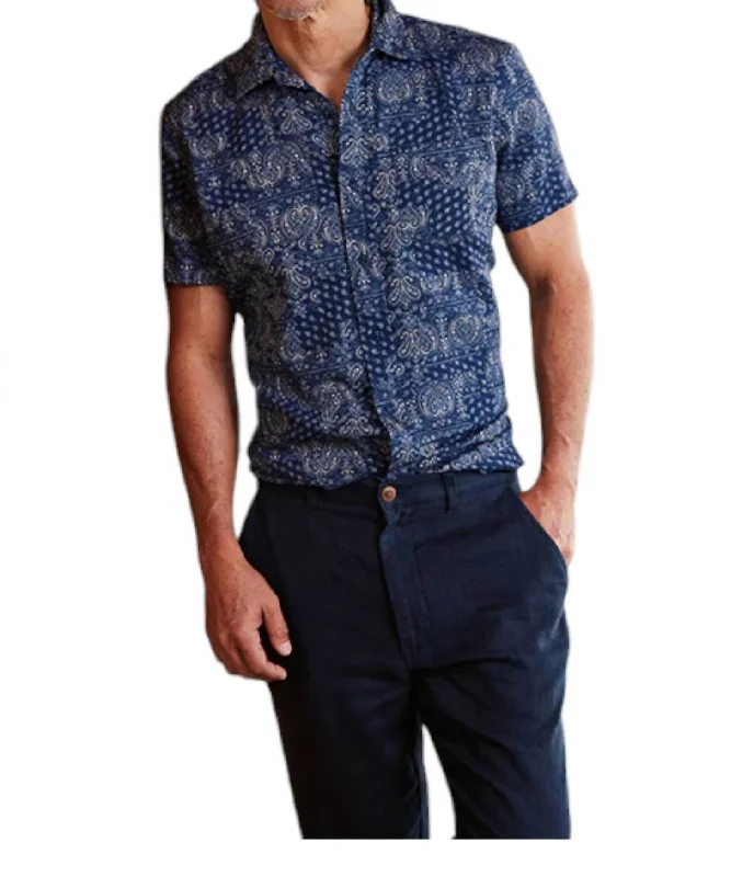 men's linen button-down shirts -Bedford Textured Printed Shirt In Navy Bandana