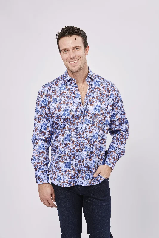 men's breathable shirts -Blue with Polka Dots and Blue and Orange Flowers