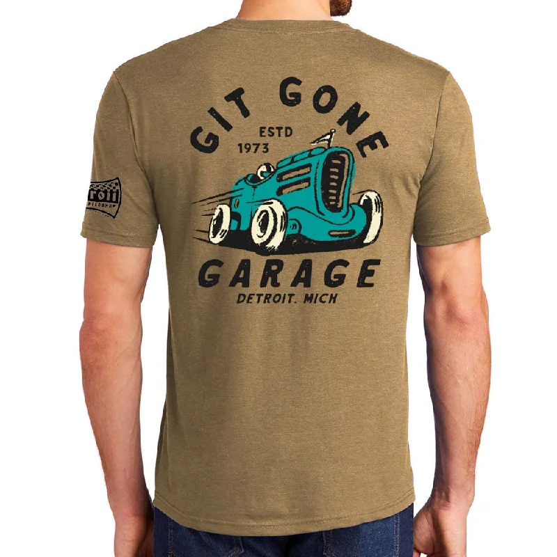 men's crewneck graphic t-shirts -Mens Detroit Speed Shop Git Gone Garage T-shirt - Coyote Brown Triblend