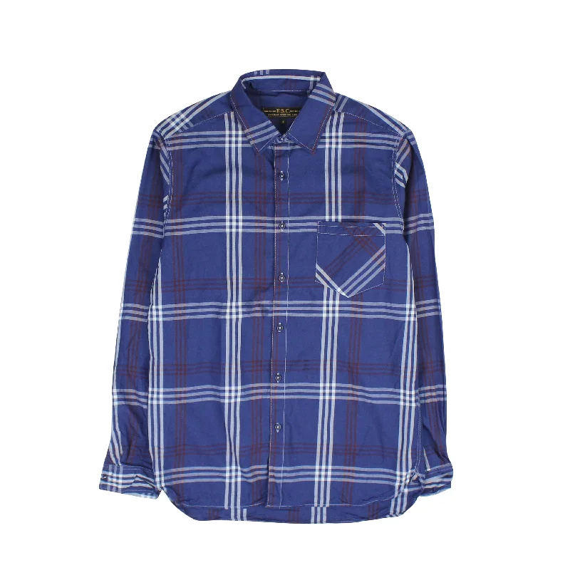 comfortable button-up shirts for men -Dark Blue Checkered Shirt