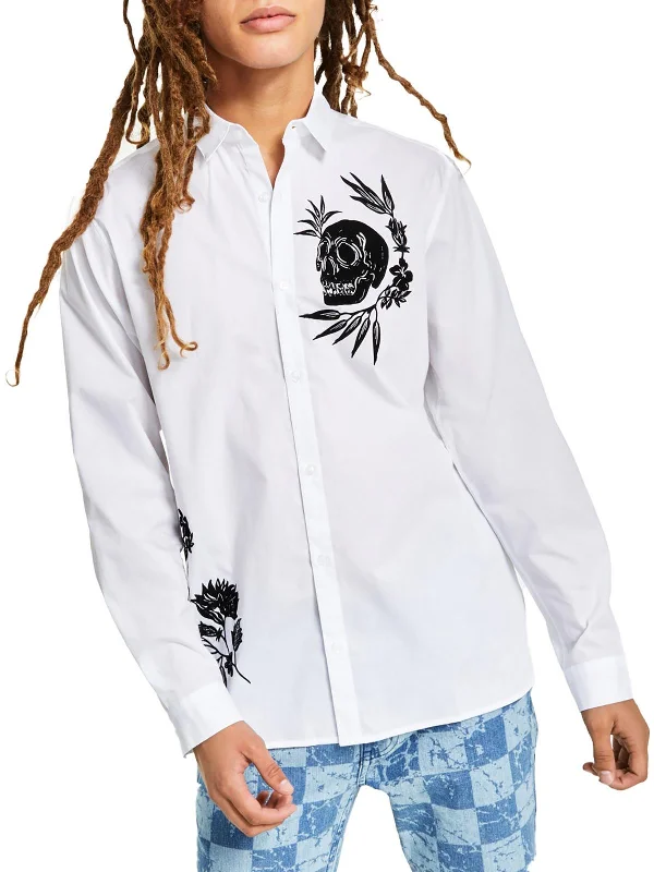 classic white shirts for men -Floral Skull Mens Flocked Regular Fit Button-Down Shirt