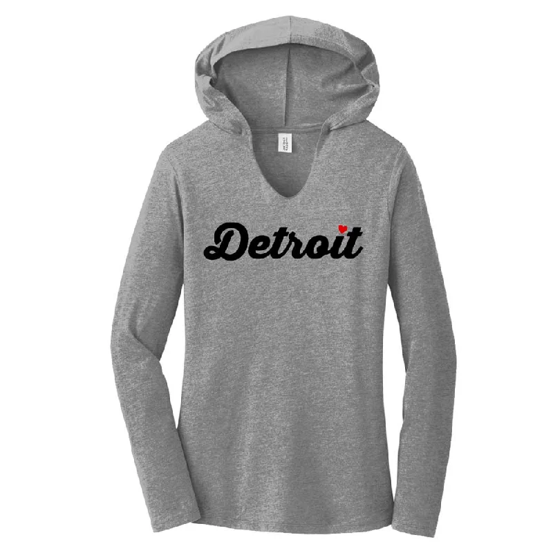 versatile t-shirts for men -Ladies Detroit Heart Long Sleeve Hooded T-shirt - Heather Grey