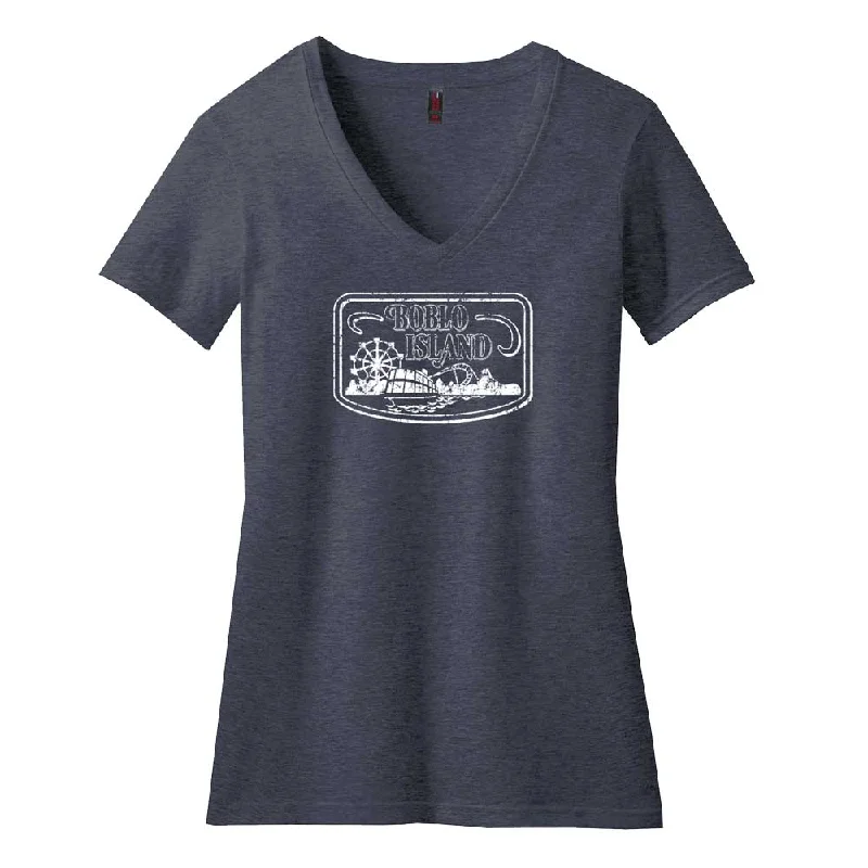 men's casual summer t-shirts -Ladies Relaxed V-neck Detroit Boblo Island T-shirt - Heather Navy