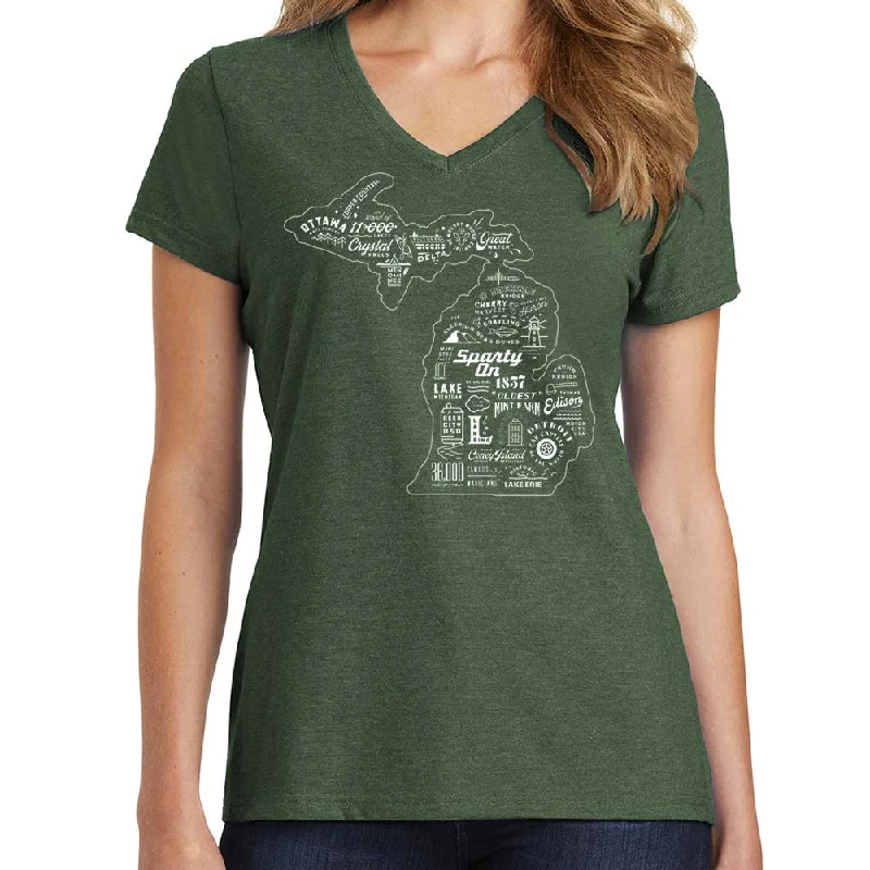 men's casual summer t-shirts -Ladies Relaxed V-neck Michigan Places T-shirt - Deep Green