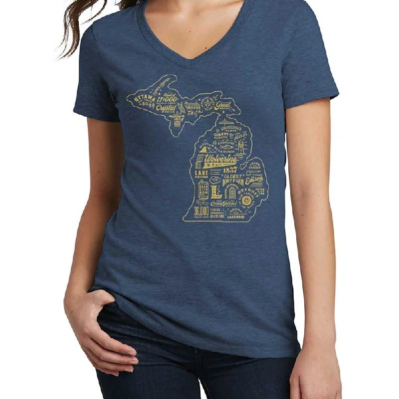 vibrant printed t-shirts for men -Ladies Relaxed V-neck Michigan Places T-shirt - Deep Navy