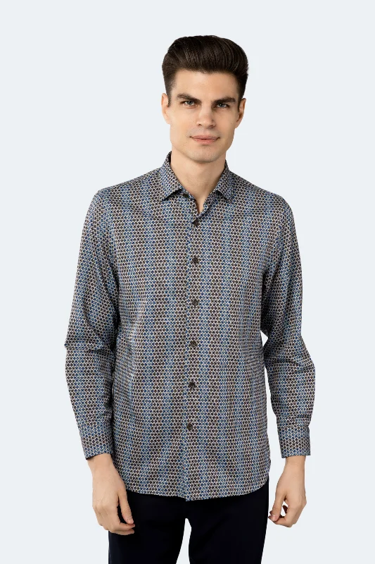 men's everyday button-up shirts -Light Grey with Navy Daggered Marks and Multi Blue Circle Shirt