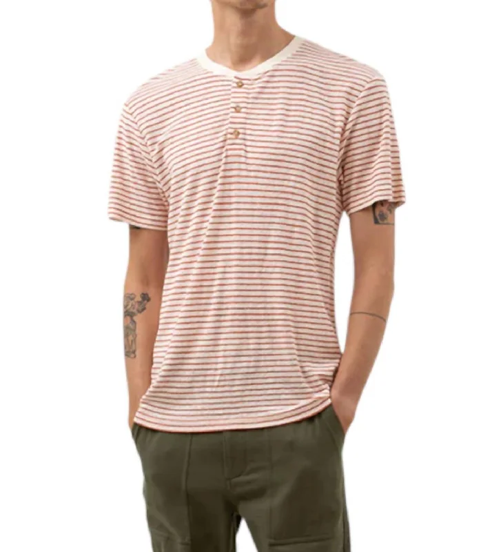 men's t-shirts for summer -Linen Striped Henley Tee In Spice