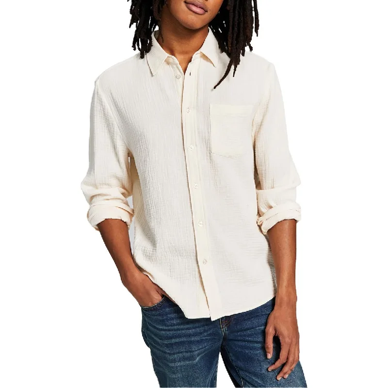 trendy long-sleeve shirts for men -Mens Cotton Gauze Button-Down Shirt