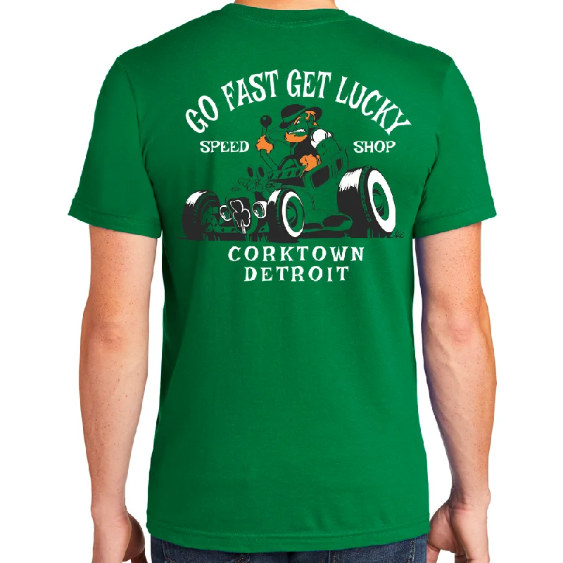 men's crewneck t-shirts -Mens Detroit Go Fast Get Lucky Speed Shop T-shirt (Kelly Green)