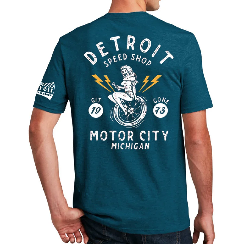 men's summer cotton tees -Mens Detroit Speed Shop Pin-up T-shirt - Heather Dark Ocean Blue