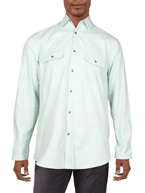 men's short-sleeve shirts -Mens Heathered Point-Collar Button-Down Shirt