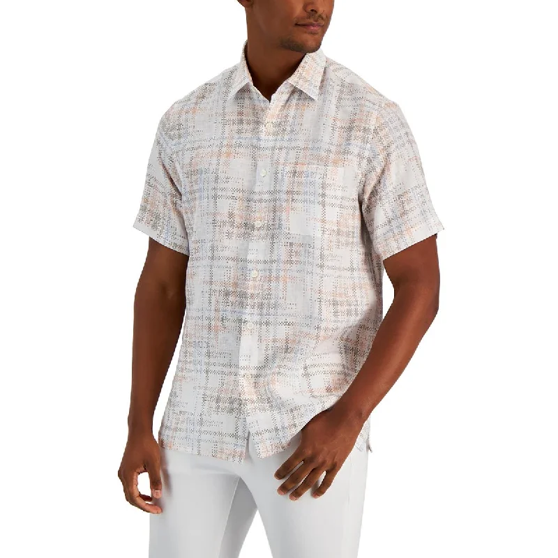 men's casual office shirts -Mens Linen Printed Button-Down Shirt