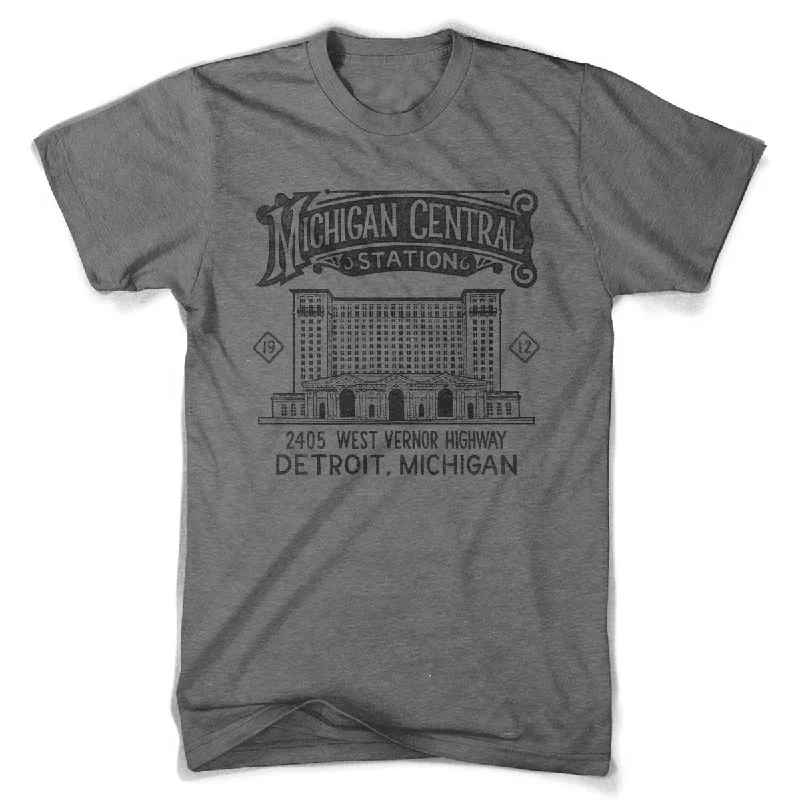 men's black t-shirts -Mens Michigan Central Station 2 T-shirt (Grey Triblend)