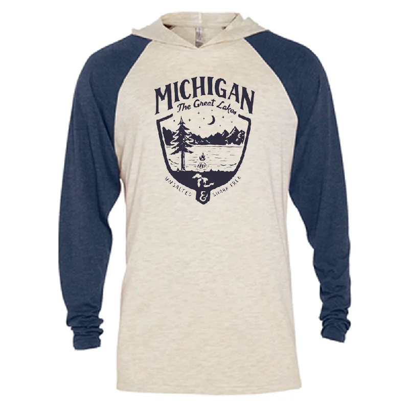 men's retro t-shirts -Mens Michigan Shield Long Sleeve Hooded T-Shirt - Navy / Natural