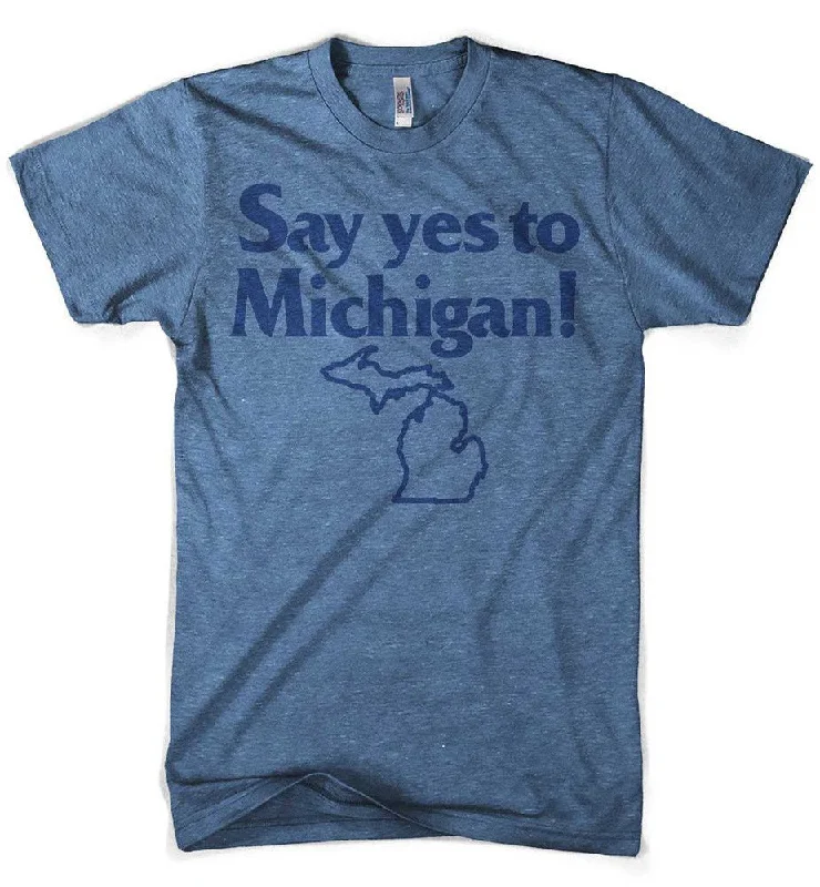 casual graphic t-shirts for men -Mens “Say Yes to Michigan!” Triblend T-shirt (Heather Lake Blue)