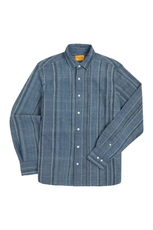 men's classic fit shirts -Men's Straight Collar Long Sleeve Shirt In Blue Stripe