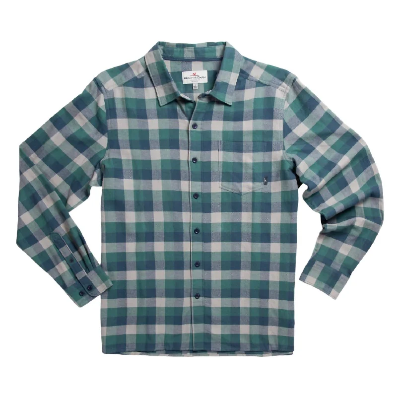 men's performance shirts -Men's Traveler's Check Long Sleeve Flannel Shirt In H. Green