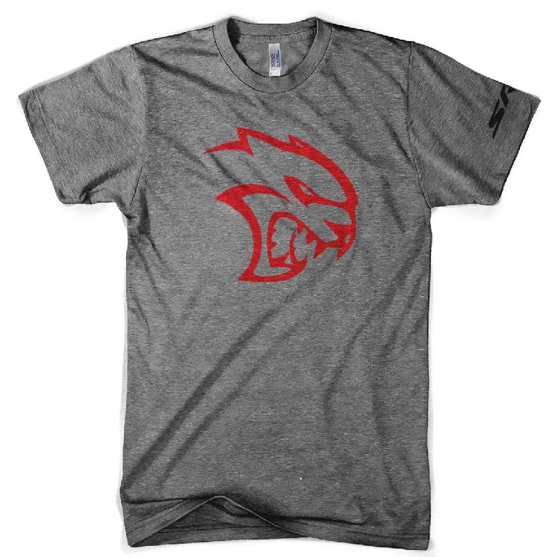 men's oversized graphic t-shirts -Mens Triblend Dodge SRT Hellcat Red Logo T-shirt (Grey)