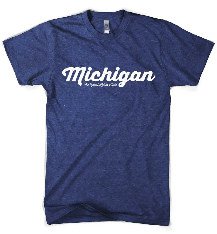 vibrant printed t-shirts for men -Mens Triblend Michigan Script T-shirt (Indigo)