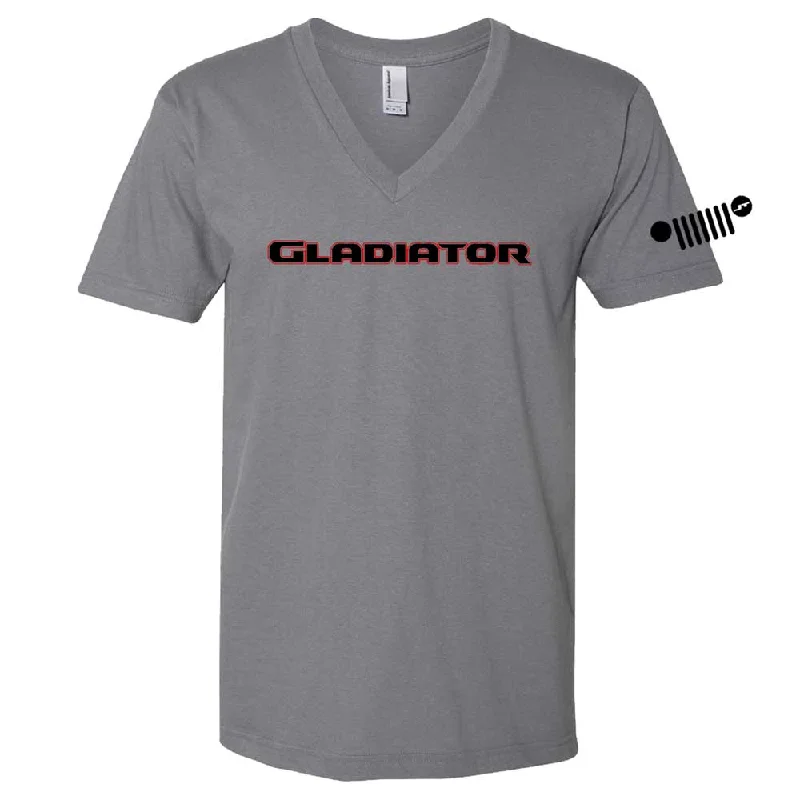 men's black graphic t-shirts -Mens/Unisex V-neck Jeep® Gladiator Red/Black T-Shirt - Slate Grey