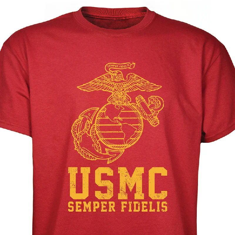 men's soft cotton t-shirts -USMC Semper Fidelis T-shirt Gold on Red