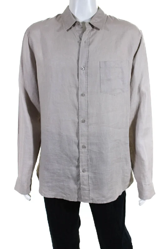 men's premium casual shirts -Vince Mens Linen Buttoned Collared Cuff Long Sleeve Casual Top Tan