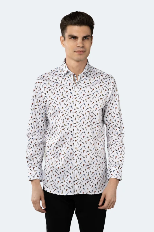 men's casual office shirts -White with Multicolor Guitar Shirt