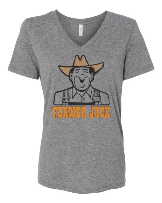 trendy graphic t-shirts -Ladies Relaxed V-neck Farmer Jack T-shirt - Heather Grey