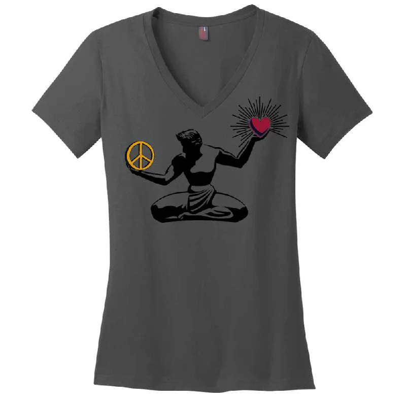 slim-fit cotton t-shirts -Ladies Relaxed V-neck Peace Love Detroit T-shirt - Charcoal Grey