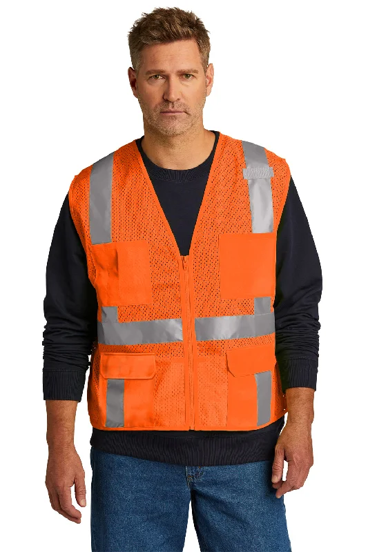 men's leather waistcoats -CornerStone Mens ANSI 107 Class 2 Mesh Zipper Vest w/ Pocket - Safety Orange