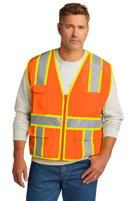 men's winter vests -CornerStone Mens ANSI 107 Class 2 Surveyor Zipper Vest w/ Pocket - Safety Orange