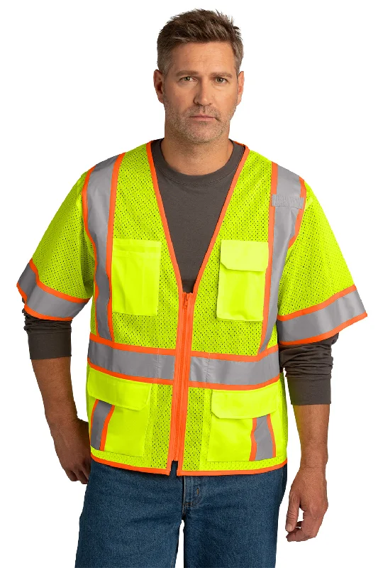 men's wool-blend vests -CornerStone Mens ANSI 107 Class 3 Surveyor Mesh Zipper Vest w/ Pocket - Safety Yellow