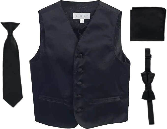 vests for layering for men -Four Piece Satin Formal Vest Set - Vest, Bow tie, Tie, Pocket Square-Black