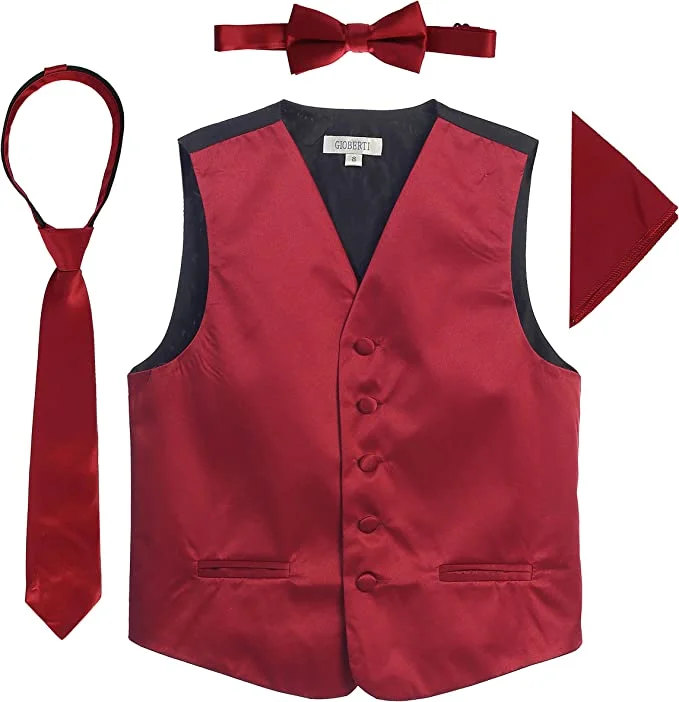 formal waistcoats for men -Four Piece Satin Formal Vest Set - Vest, Bow tie, Tie, Pocket Square- Burgundy