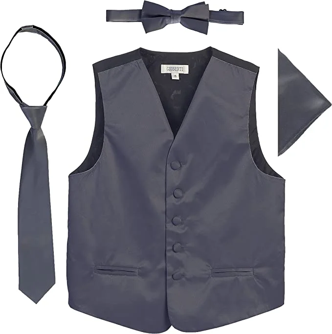 wool waistcoats for men -Four Piece Satin Formal Vest Set - Vest, Bow tie, Tie, Pocket Square- Charcoal