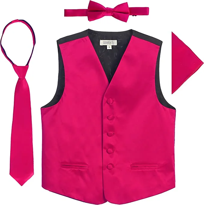 versatile vests for men -Four Piece Satin Formal Vest Set - Vest, Bow tie, Tie, Pocket Square- Fuchsia