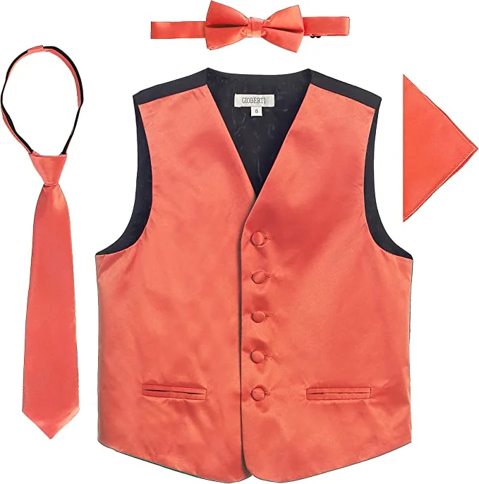 stylish wool waistcoats for men -Four Piece Satin Formal Vest Set - Vest, Bow tie, Tie, Pocket Square-Coral