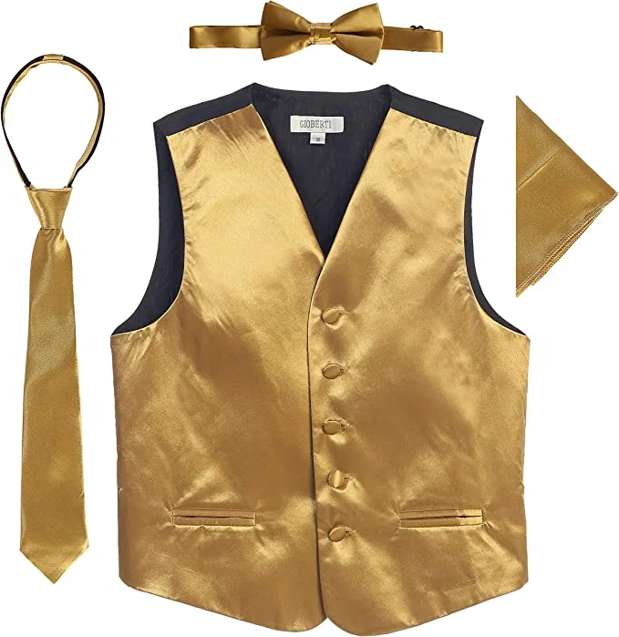 lightweight vests for men -Four Piece Satin Formal Vest Set - Vest, Bow tie, Tie, Pocket Square- Gold