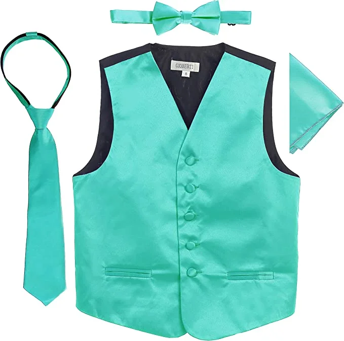 slim-fit waistcoats for men -Four Piece Satin Formal Vest Set - Vest, Bow tie, Tie, Pocket Square- Mint