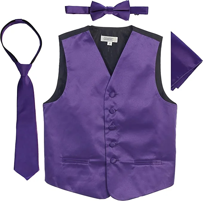 men's stylish waistcoats for suits -Four Piece Satin Formal Vest Set - Vest, Bow tie, Tie, Pocket Square- Purple