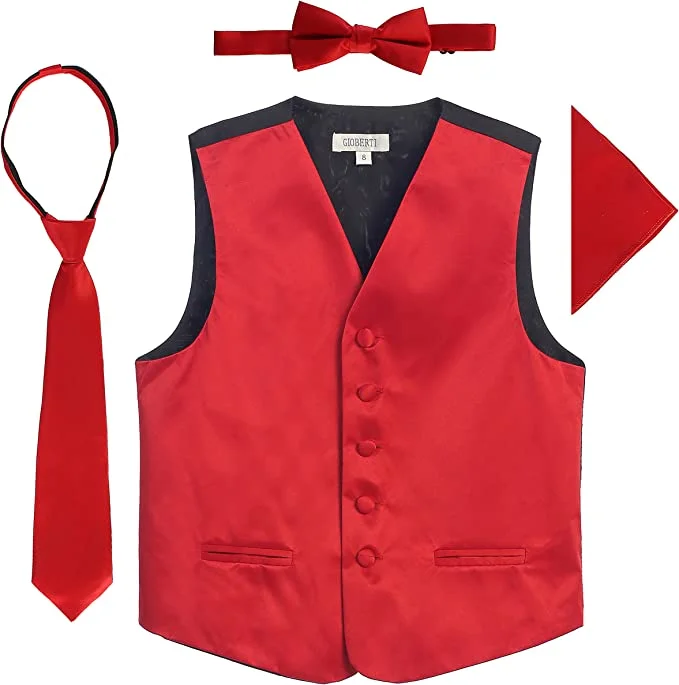 men's long waistcoats -Four Piece Satin Formal Vest Set - Vest, Bow tie, Tie, Pocket Square- Red