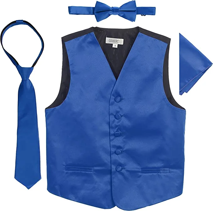 men's vest jackets -Four Piece Satin Formal Vest Set - Vest, Bow tie, Tie, Pocket Square- Royal Blue