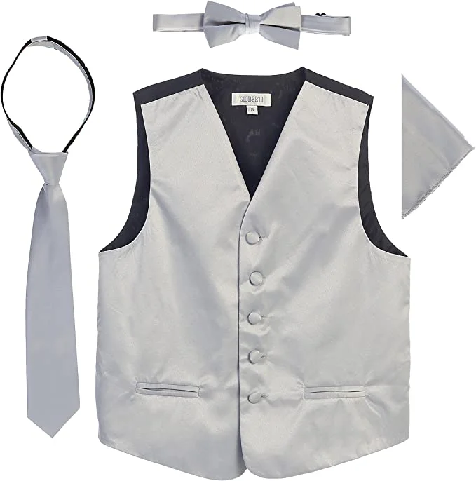 men's casual waistcoats -Four Piece Satin Formal Vest Set - Vest, Bow tie, Tie, Pocket Square- Silver