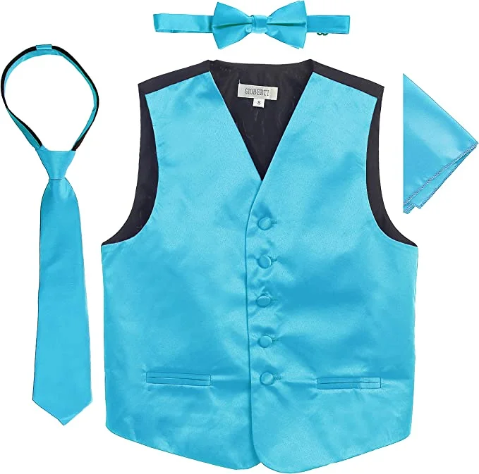 men's vest for weddings -Four Piece Satin Formal Vest Set - Vest, Bow tie, Tie, Pocket Square- Turquoise