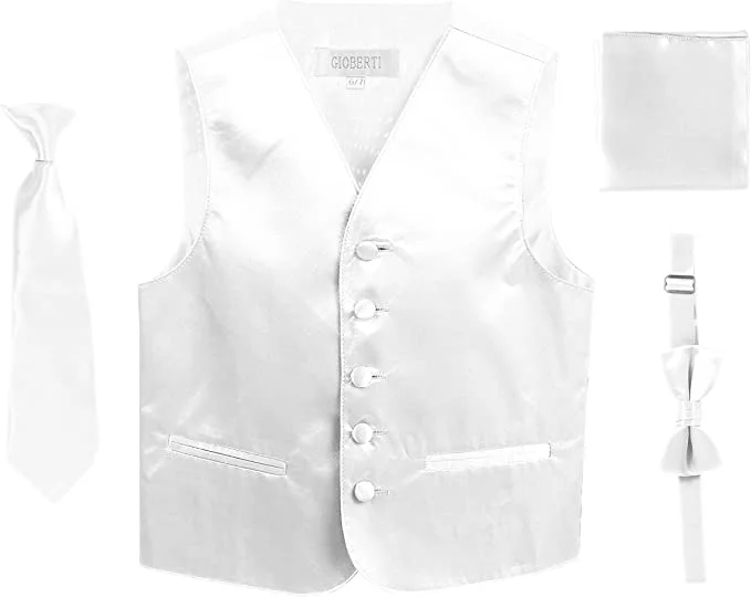 casual vests for men -Four Piece Satin Formal Vest Set - Vest, Bow tie, Tie, Pocket Square- White