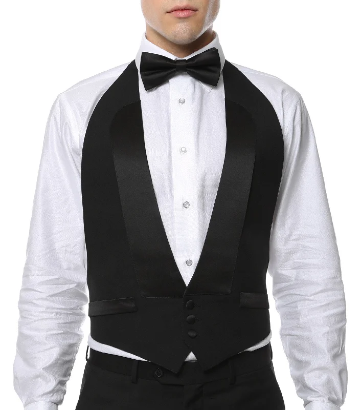 warm vests for men -Premium Black Wool Backless Tuxedo Vest | 2XL FIT ALL