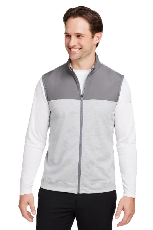 men's fitted vest jackets -Puma Mens Cloudspun Moisture Wicking Colorblock Full Zip Vest - Quiet Shade Grey/Heather High Rise Grey